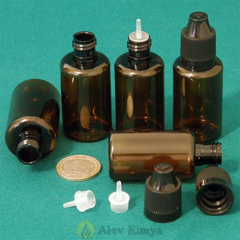 30 ml Yarı Saydam Kahverengi, İnce Damlalıklı, Bastır Çevir Kapaklı Tombul Şişe