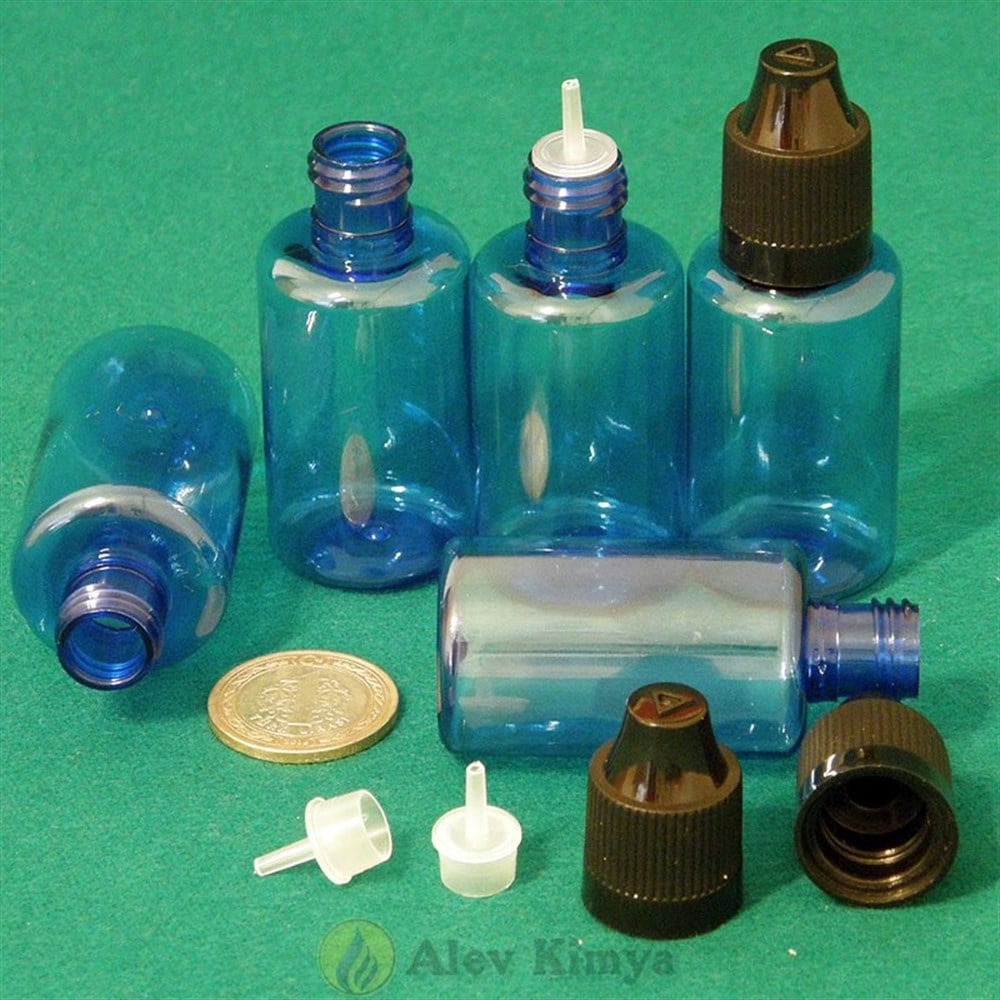 30 ml Yarı Saydam Mavi, İnce Damlalıklı, Bastır Çevir Kapaklı Tombul Şişe