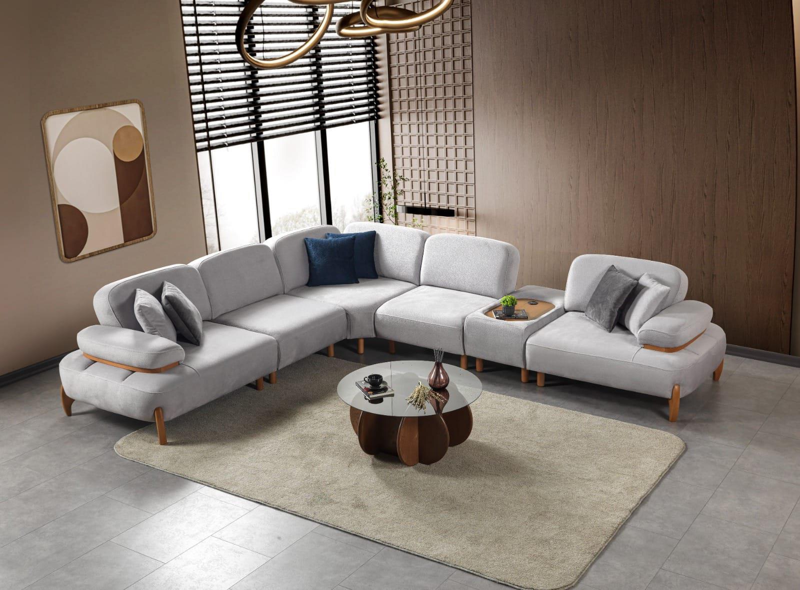 Coco Çift Kollu Köşe Koltuk Ahşap Modüllü (Poli Kumaşlı)