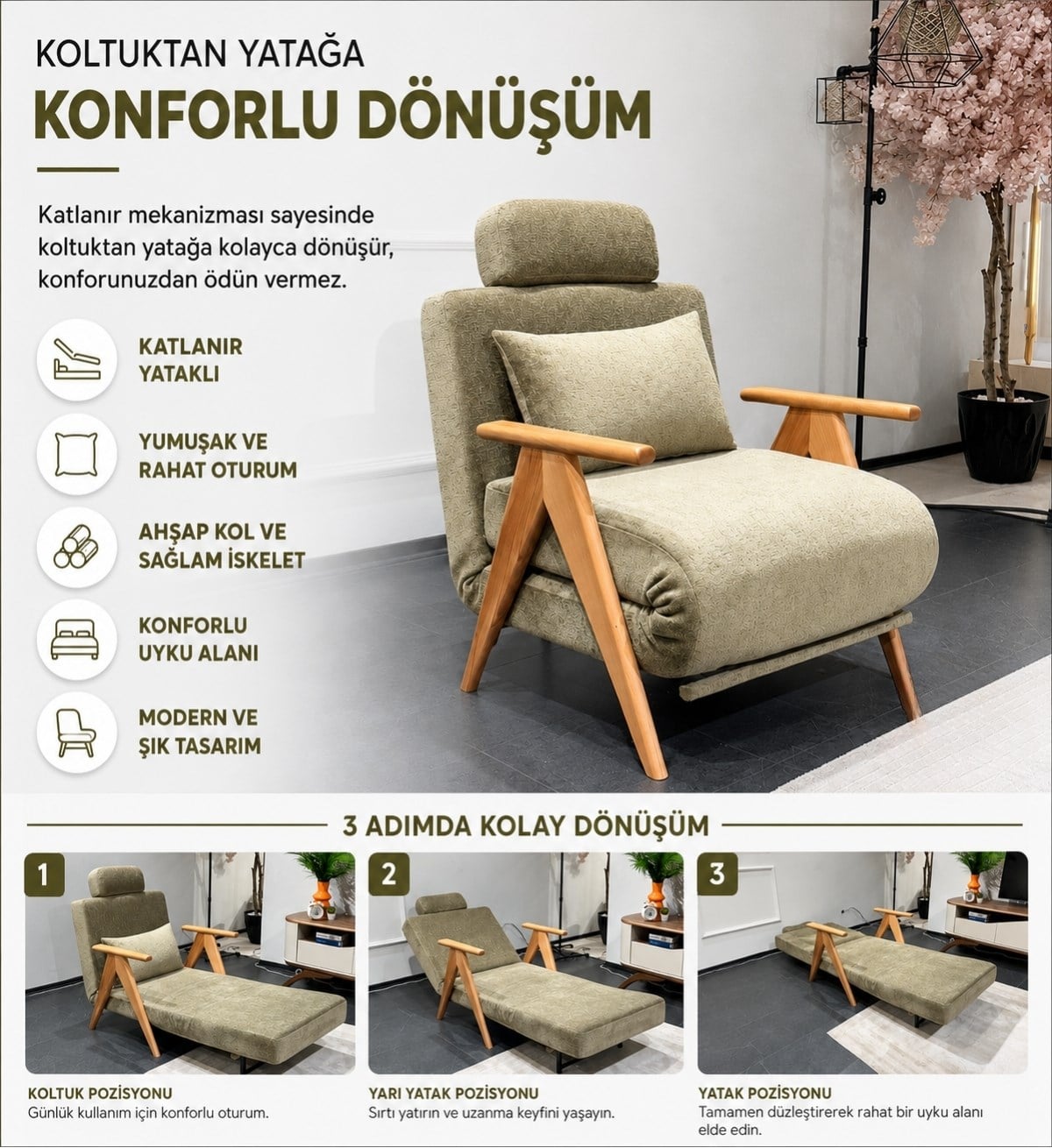 Medi Katlanır Yataklı Berjer ( Bej )