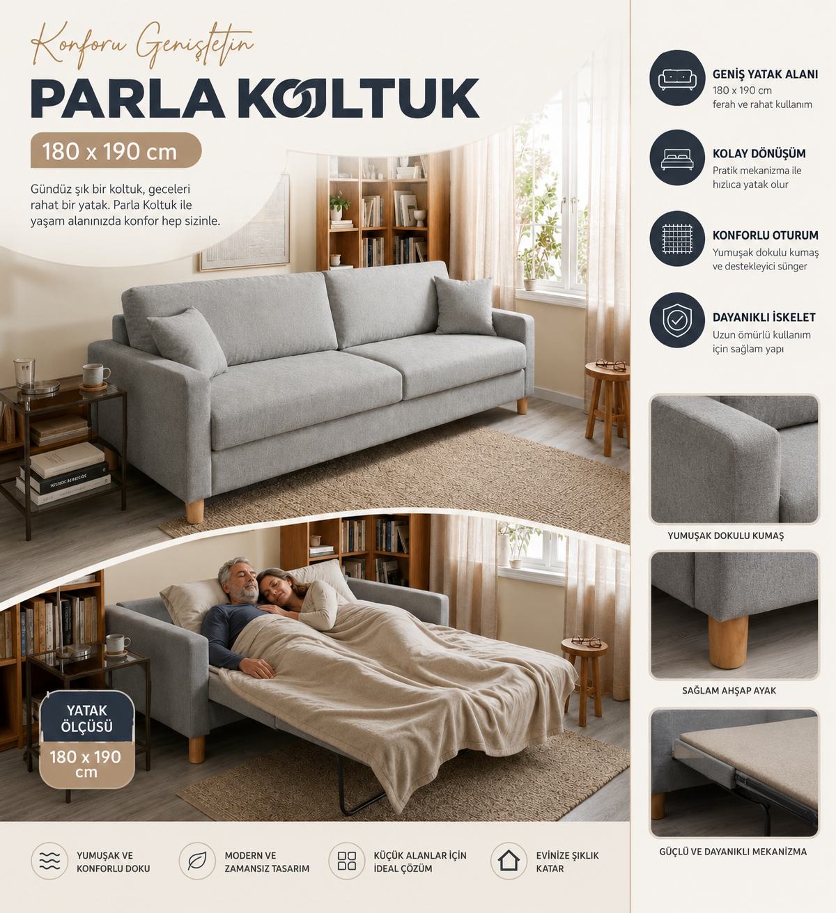 Parla Yataklı Kanepe Dar Kol
