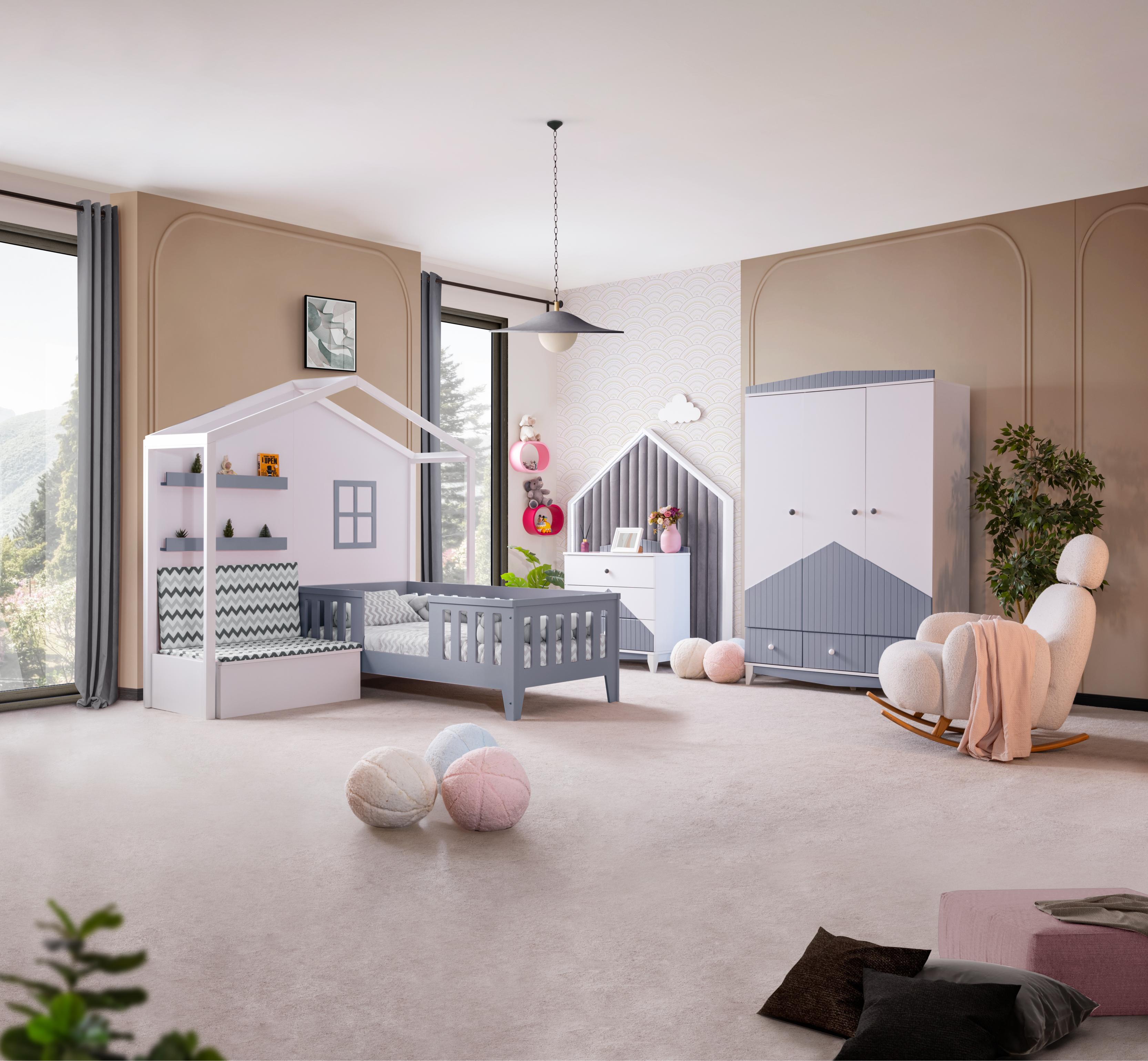 Dekorbizden Fethiye Gri Sandıklı Montessöri Çocuk Odası Takımı