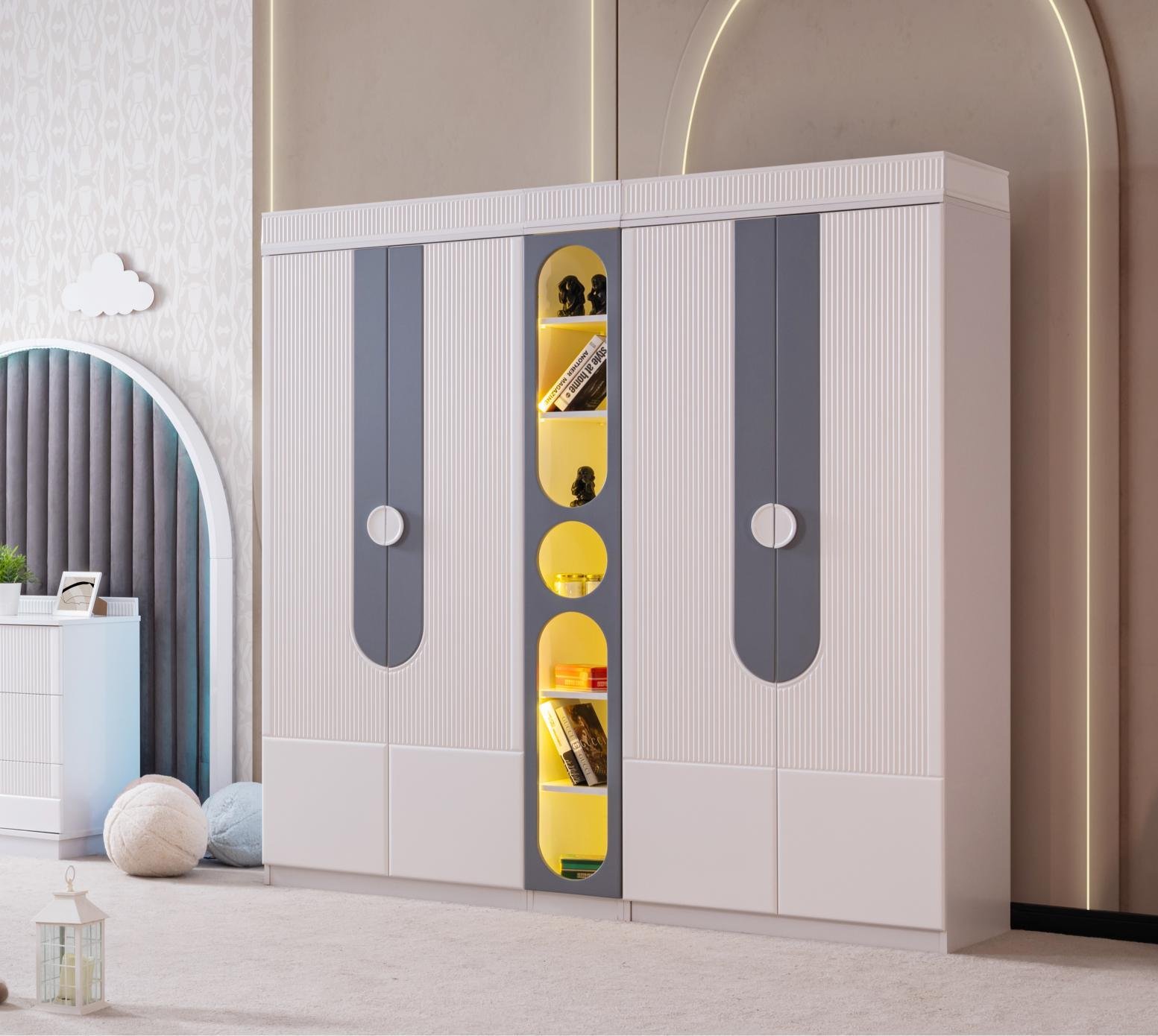 Dekorbizden Vira Gri Bebek Odası Kitaplıklı Gardırop 4 Kapılı