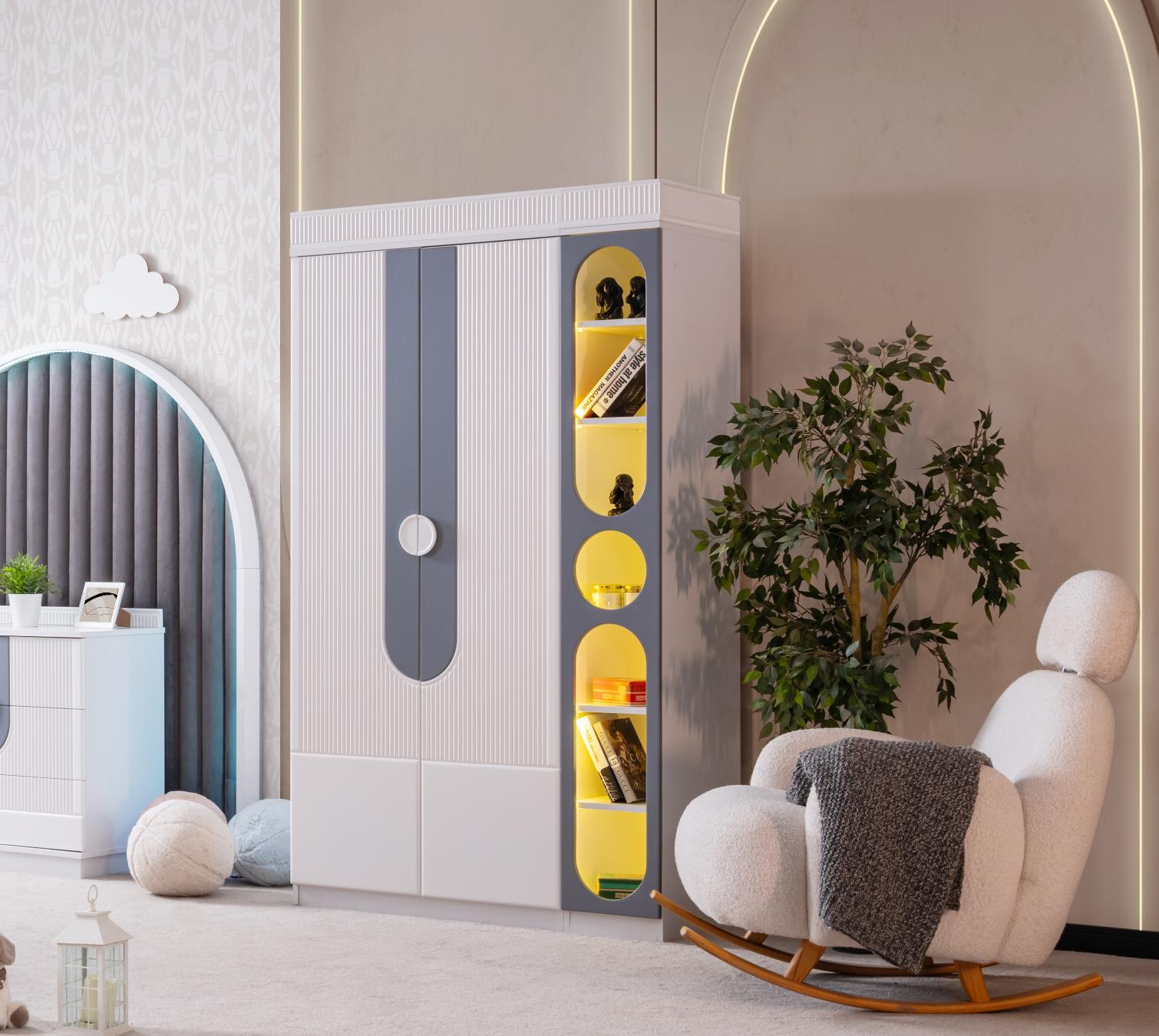 Dekorbizden Vira Gri Bebek Odası Kitaplıklı Gardırop