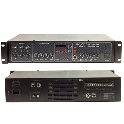 Provoice VPX-340 Z-6 340 Watt 4 Kanal 6 Bölgeli 100V Mikser Anfi