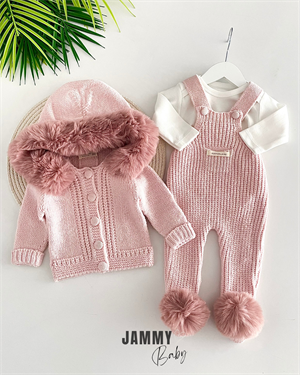 Selanik Örgülü Luxury Collection Kürk Kapüşonlu Triko Hırka / Salopet Set-PUDRA