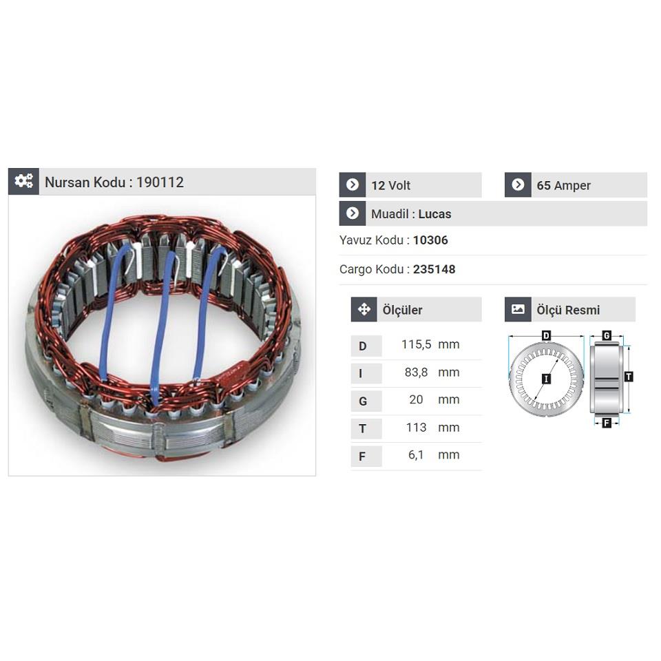 12V ALTERNATÖR STATÖR LUCAS TİPİ 65 A (3 UÇLU) ACR 15/16 