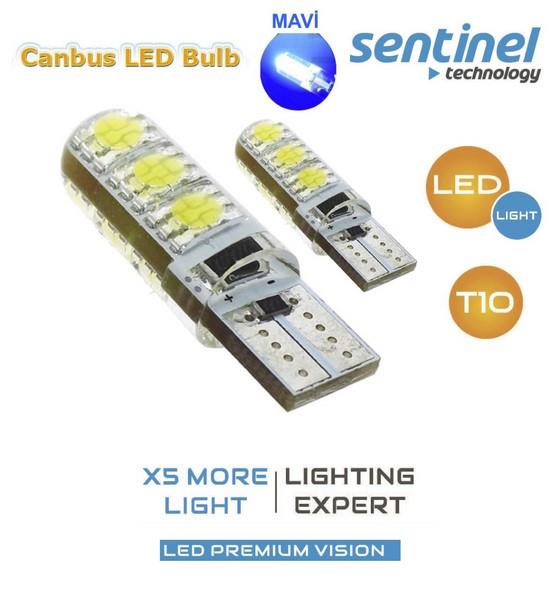 SENTINEL 12V DİPSİZ T10 NEON AMPUL SİLİKONLU 6 LEDLİ MAVİ CB (2 AD)