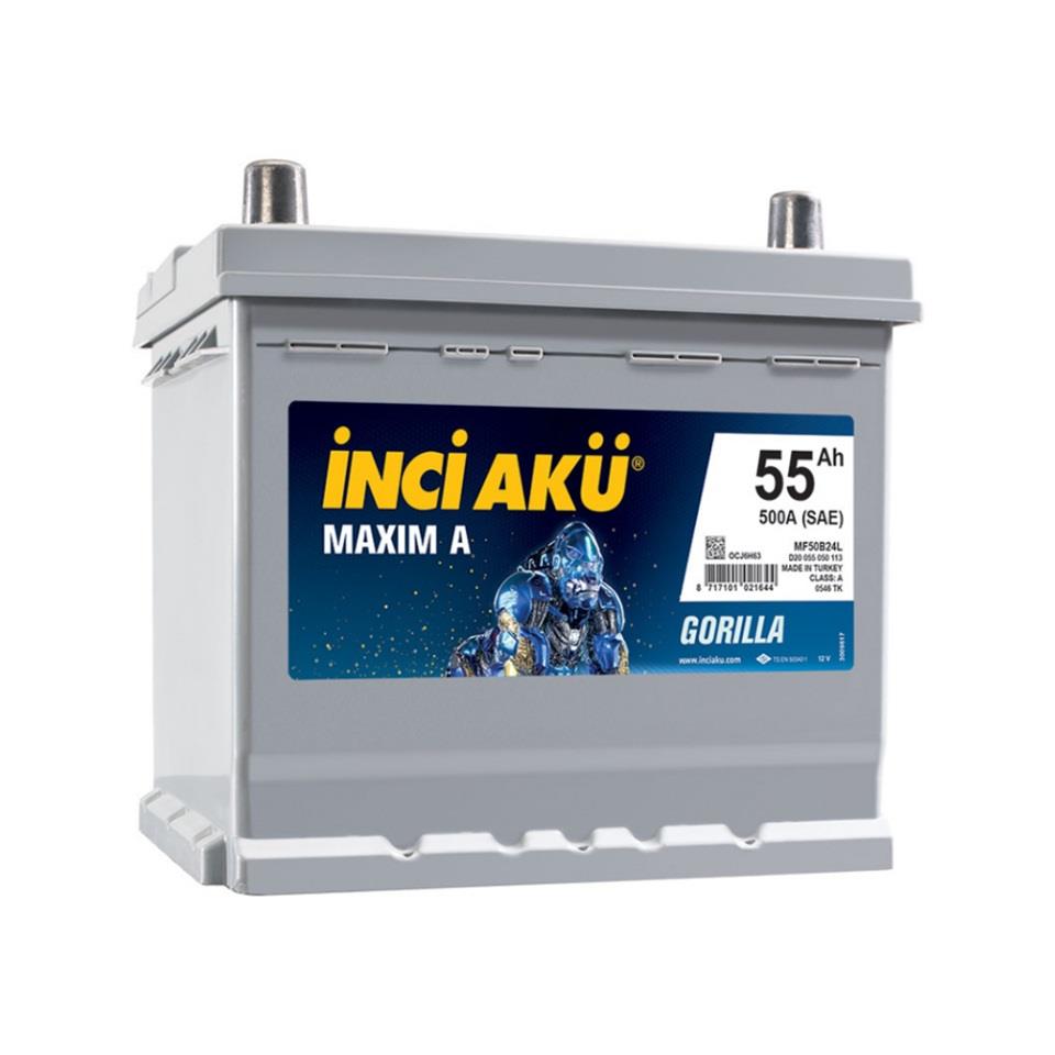 İNCİ 12V 55 AH AKÜ MAXIM A GORILLA 500 A (EN) (200*173*222) (KARE TERS)