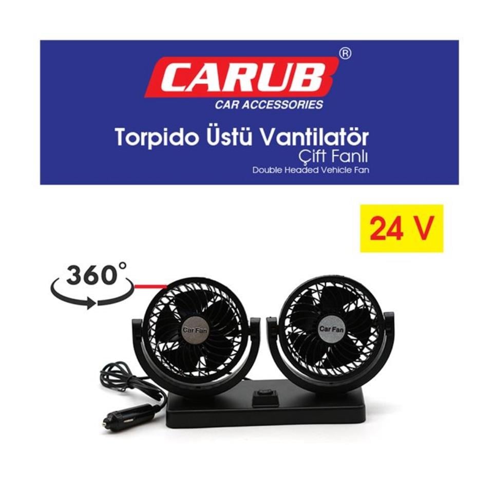 24V VANTİLATÖR 4 '' (ÇAKMAK FİŞLİ) (TORPİDO ÜSTÜ) (ÇİFT DEVRE) (360° AYARLANABİLİR) (265*110*145 MM)