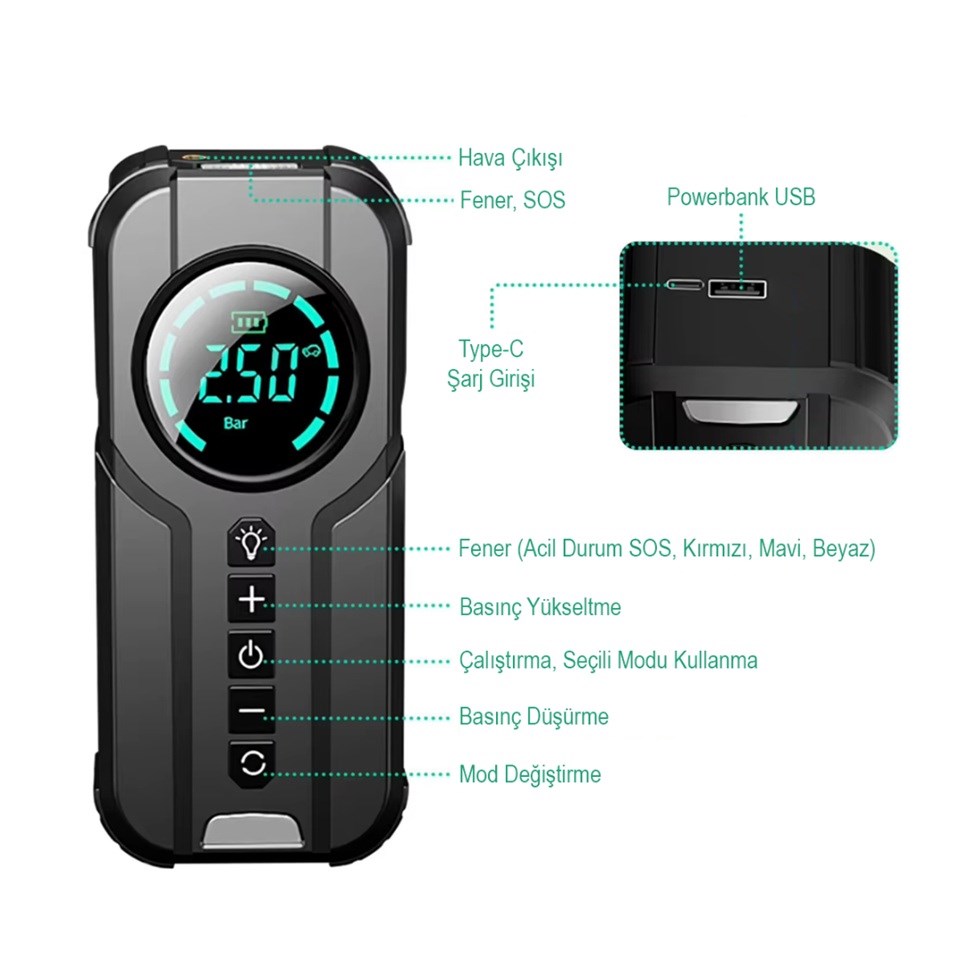 12V AKÜ TAKVİYE CİHAZI (1000A) LASTİK ŞİŞİRME HAVA KOMPRESÖRÜ (POWERBANK) (LED IŞIK-ÇAKARLI)