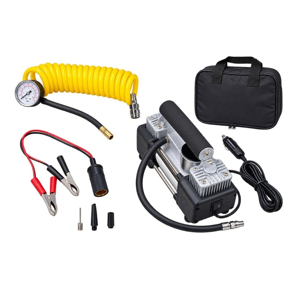 12V LASTİK ŞİŞİRME HAVA KOMPRESÖRÜ METAL ÇİFT PİSTONLU 150 psi (TAMİR KİTLİ)