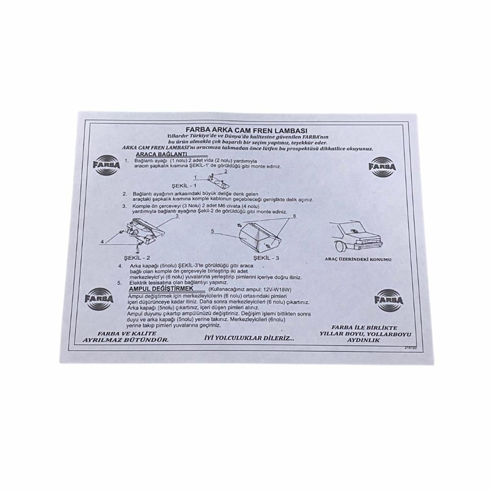FARBA ÜÇÜNCÜ STOP LAMBASI (CAM İÇİ) FIAT TOFAŞ DOĞAN SLX/ŞAHİN
