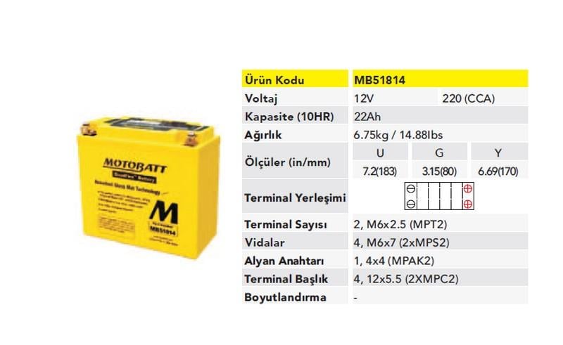 MOTOBATT 12V 22 AH MOTOSİKLET AKÜSÜ 170 A (EN) (183*80*170) (51913)