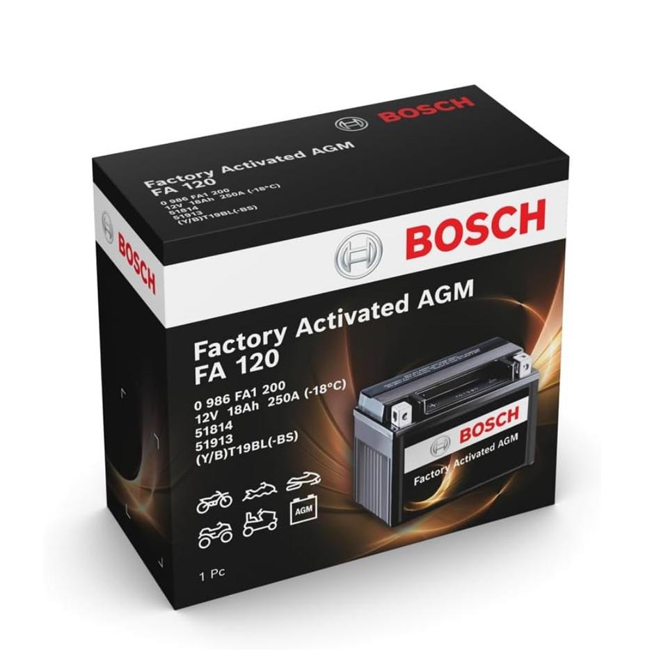 BOSCH 12V 18 AH MOTOSİKLET AKÜSÜ AGM 250 A (EN) (186*82*171) (FA120) (YT19BL-BS) (BT19BL-BS) (-/+)