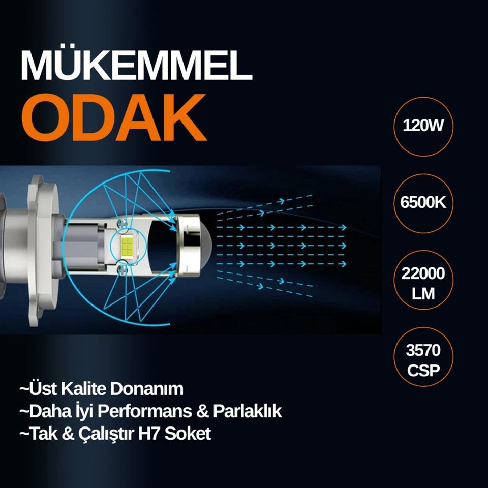 JOYECAR 12V H7 CSP LED XENON FAR AMPUL SETİ 120W 6500K 22000 LÜMEN MERCEKLİ
