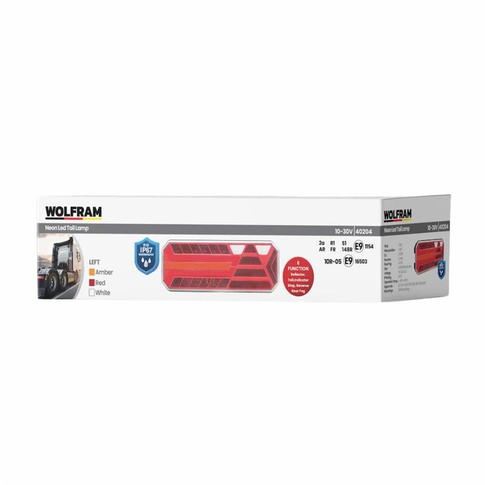 WOLFRAM 12V-24V STOP LAMBASI (NEON LEDLİ-KAYAR SİNYALLİ) (6 FONKSİYONLU) (400*145*45 MM) E9 SOL