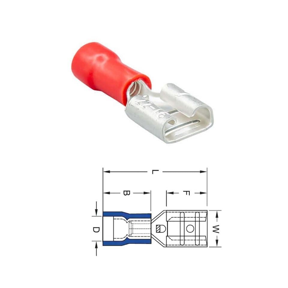 DİŞİ FİŞ STANDART TIRNAKSIZ (İZOLELİ) (KALAYLI) (6.3 MM) (0.50-1.50 MM KABLO UYUMLU) KIRMIZI