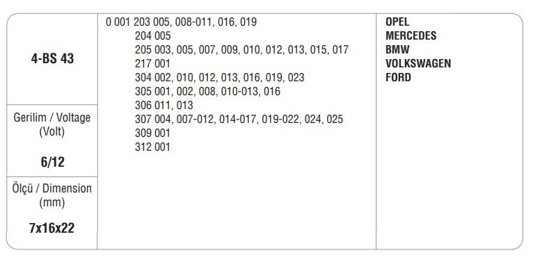 MARŞ KÖMÜRÜ BOSCH TİPİ (BSX-8) (BSX-43) BMW-FORD-MERCEDES-OPEL-VW EM (4 AD)