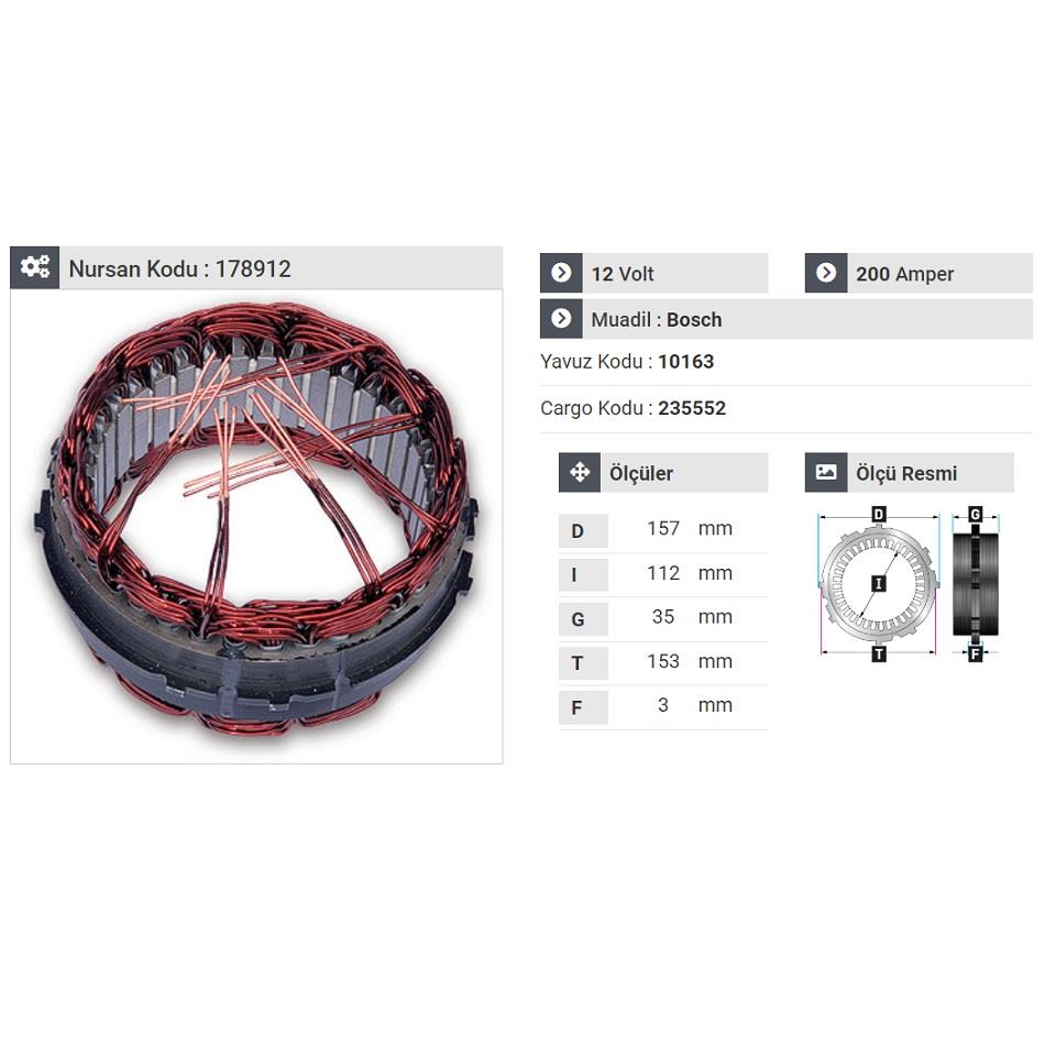 12V ALTERNATÖR STATÖR BOSCH TİPİ 200 A (6 UÇLU-TIRNAKLI)