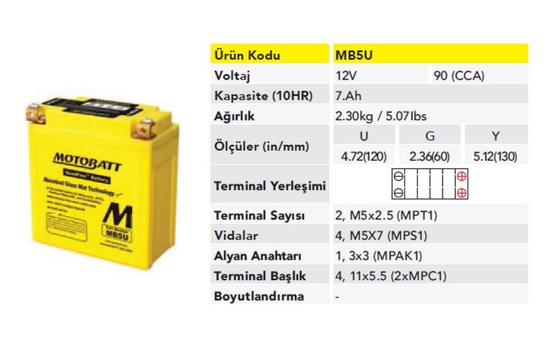MOTOBATT 12V 5 AH/7 AH MOTOSİKLET AKÜSÜ 90 A (EN) (120*60*130) (YB5L-B/12N5-3B)