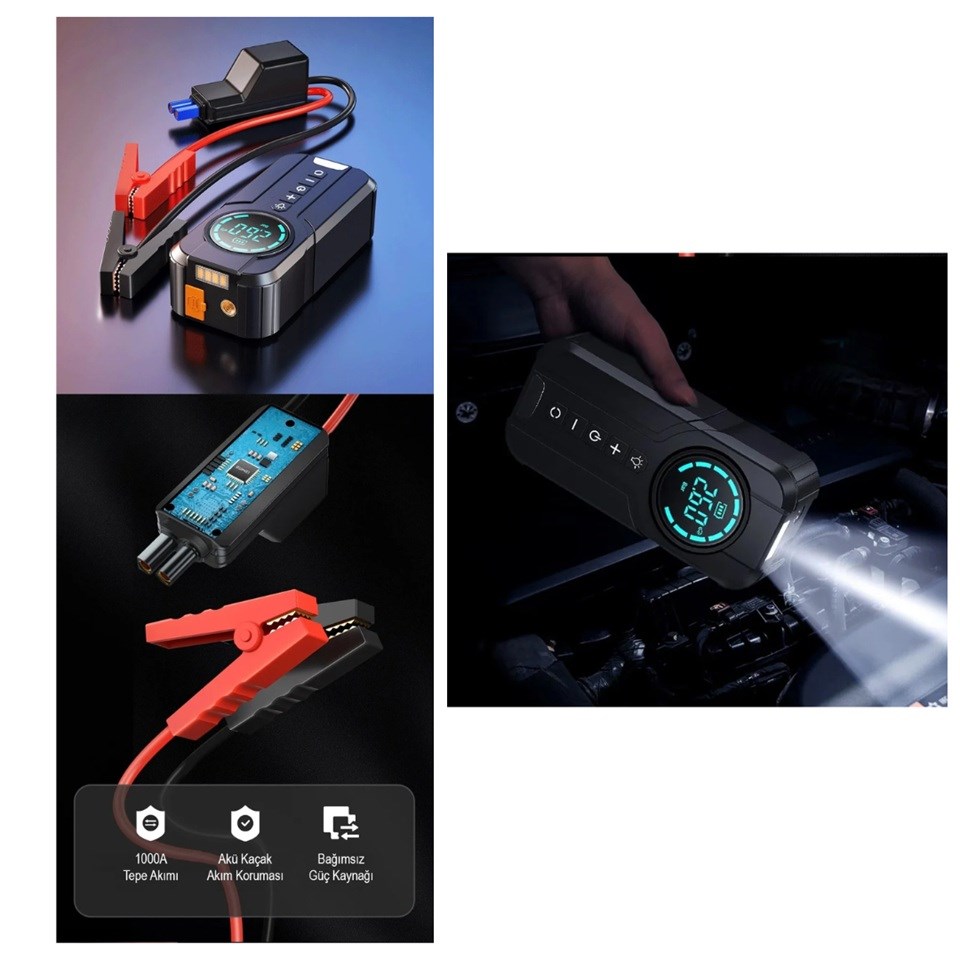 12V AKÜ TAKVİYE CİHAZI (1000A) LASTİK ŞİŞİRME HAVA KOMPRESÖRÜ (POWERBANK) (LED IŞIK-ÇAKARLI)