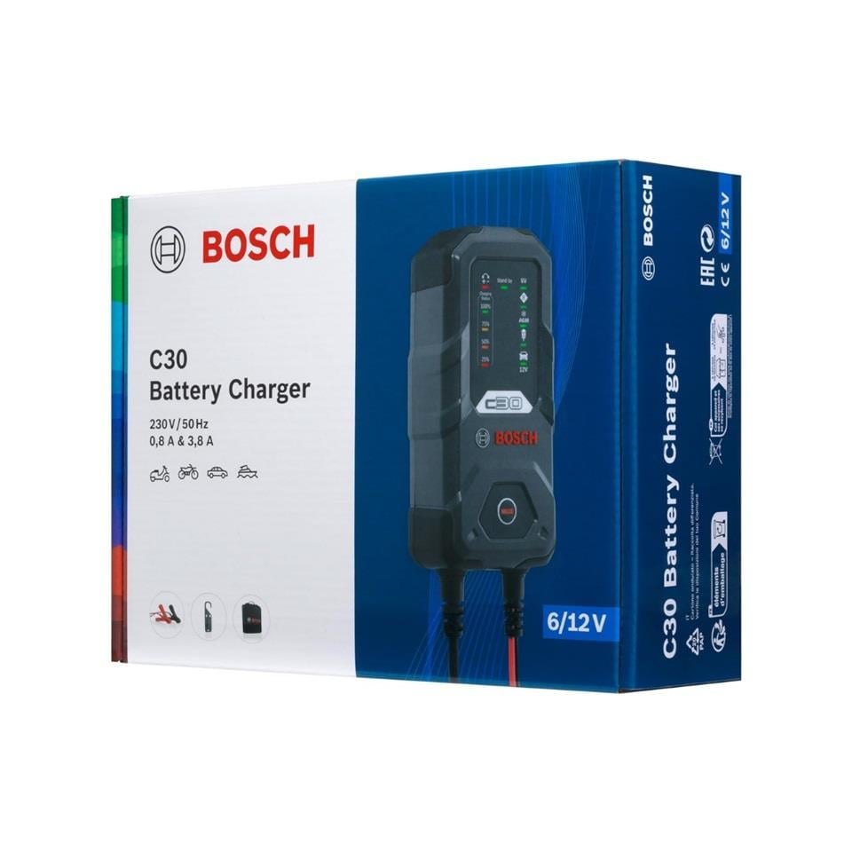 BOSCH 6V-12V ŞARJ REDRESÖRÜ (AKÜ ŞARJ CİHAZI) OTOMATİK C30 (6V-0.8 A / 12V-3.8 A) (WET-JEL-EFB-AGM)