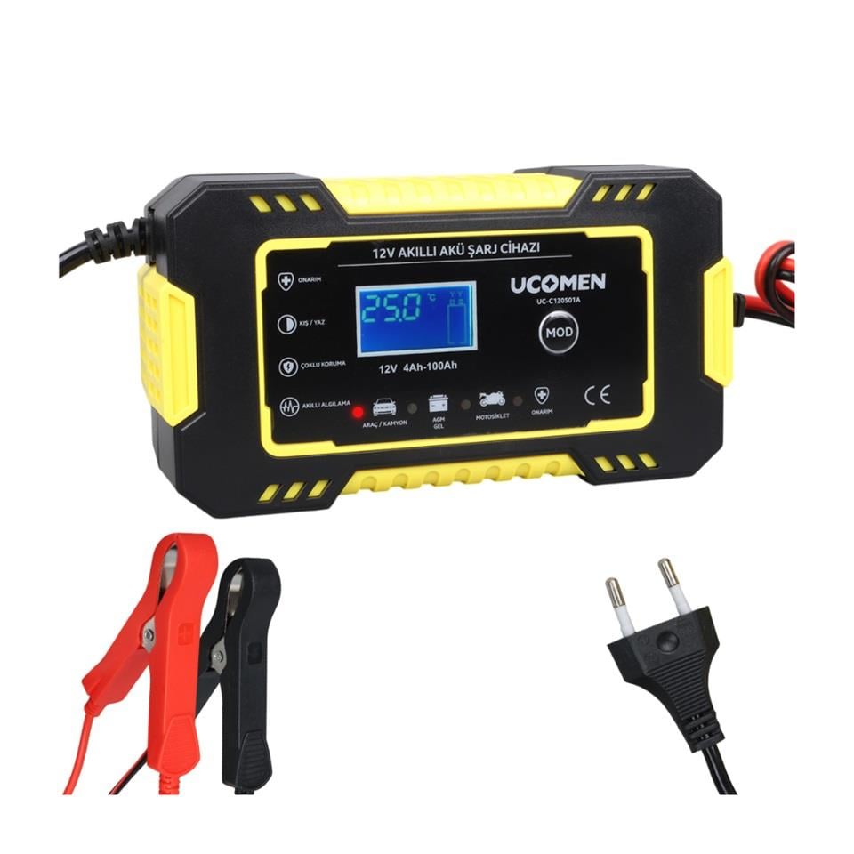 UCOMEN 12V ŞARJ REDRESÖRÜ (AKILLI AKÜ ŞARJ CİHAZI) OTOMATİK 6 A LCD EKRAN SARI (+AGM/JEL)