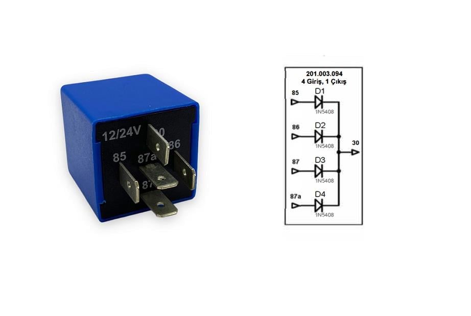 ELO 12V-24V DİYOT ÜNİTESİ 4 GİRİŞ 1 ÇIKIŞ (ELEKTRONİK DEVRE KORUMA RÖLESİ) (87a-87b-87c-87d-30)