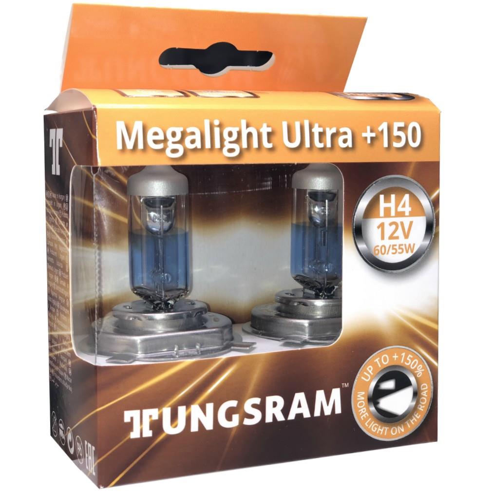 TUNGRSRAM 12V H4 AMPUL 60/55W +%150 FAZLA IŞIK +%30 BEYZA IŞIK MEGALIGHT ULTRA (2 AD)