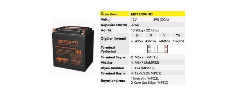 MOTOBATT 12V 30 AH/32 AH MOTOSİKLET AKÜSÜ 390 A (EN) (166*126*175) (SİYAH)