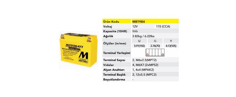 MOTOBATT 12V 9 AH MOTOSİKLET AKÜSÜ 115 A (EN) (150*70*105) (YT9B-BS)