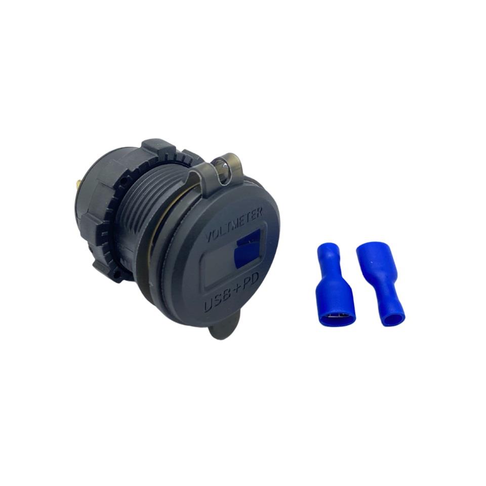 12V-24V DİJİTAL VOLTMETRE+ŞARJ CİHAZLI (USB+TYPE-C) (3 A) (OFF-ON ANAHTARLI) (MAVİ IŞIK) (28 MM)