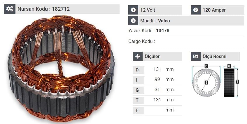 12V ALTERNATÖR STATÖR VALEO TİPİ 120 A (3 UÇLU) FORD-VOLVO