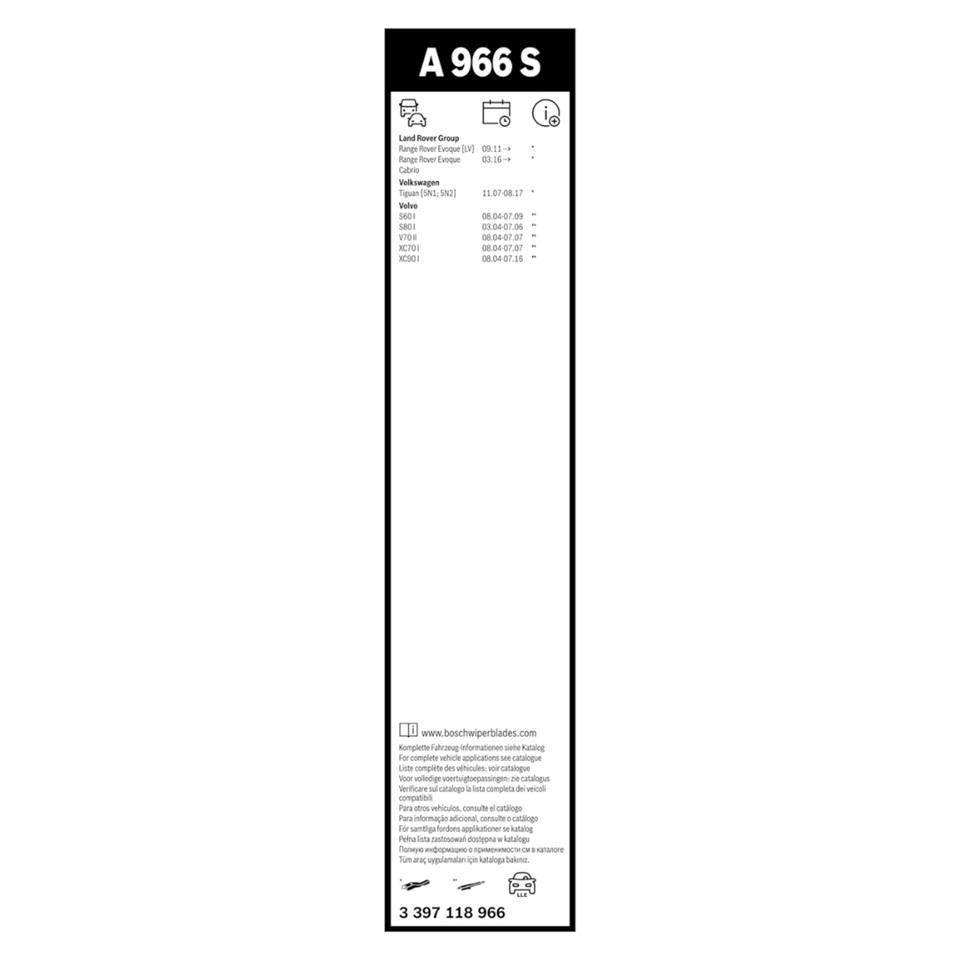 BOSCH SİLECEK SÜPÜRGESİ 600/530 MM AEROTWIN (A966S) LAND ROVER-VOLVO S60/S80/V70/XC70/XC90-VW TIGUAN