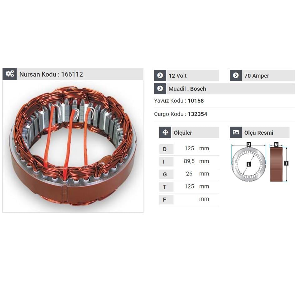 12V ALTERNATÖR STATÖR BOSCH TİPİ 70 A (3 UÇLU)