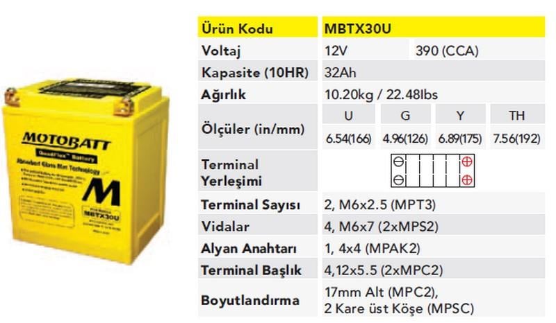 MOTOBATT 12V 30 AH/32 AH MOTOSİKLET AKÜSÜ 390 A (EN) (166*126*175) (SARI)
