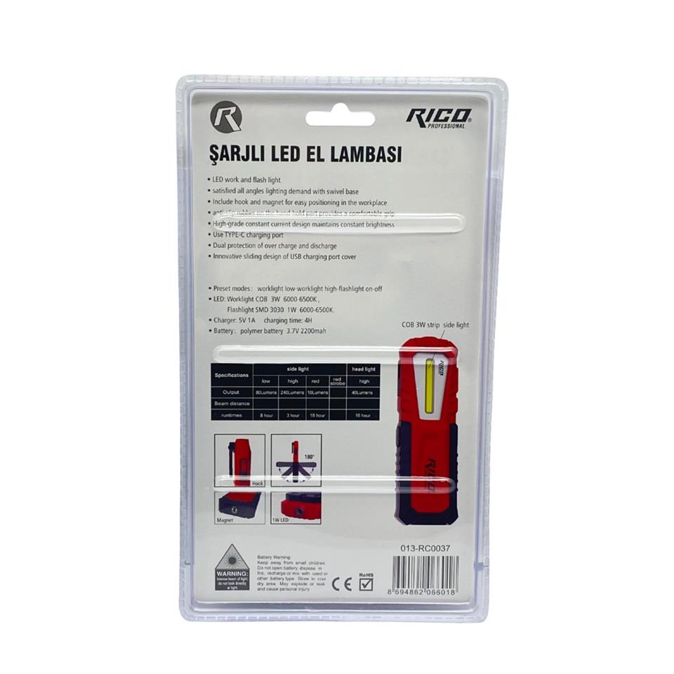 RICO EL FENERİ-ÇALIŞMA LAMBASI LEDLİ 240 LÜMEN MIKNATISLI ASKILI ŞARJLI