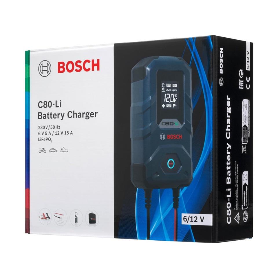 BOSCH 6V-12V ŞARJ REDRESÖRÜ (AKÜ ŞARJ CİHAZI) OTOMATİK C80-Li (6V-5 A / 12V-15 A) (+LİFePO4 LİTYUM)