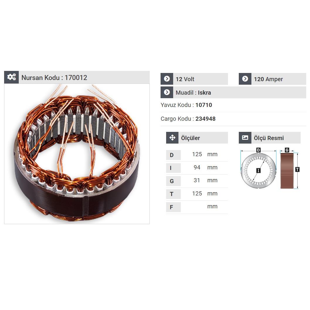 12V ALTERNATÖR STATÖR ISKRA TİPİ 120 A (6 UÇLU)