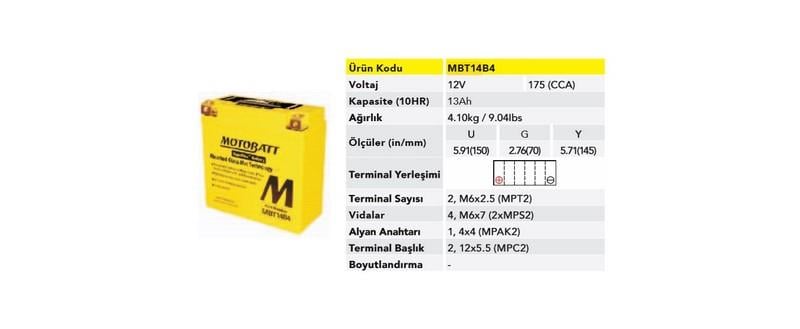 MOTOBATT 12V 13 AH MOTOSİKLET AKÜSÜ 175 A (EN) (150*70*145) (YT14B-BS)