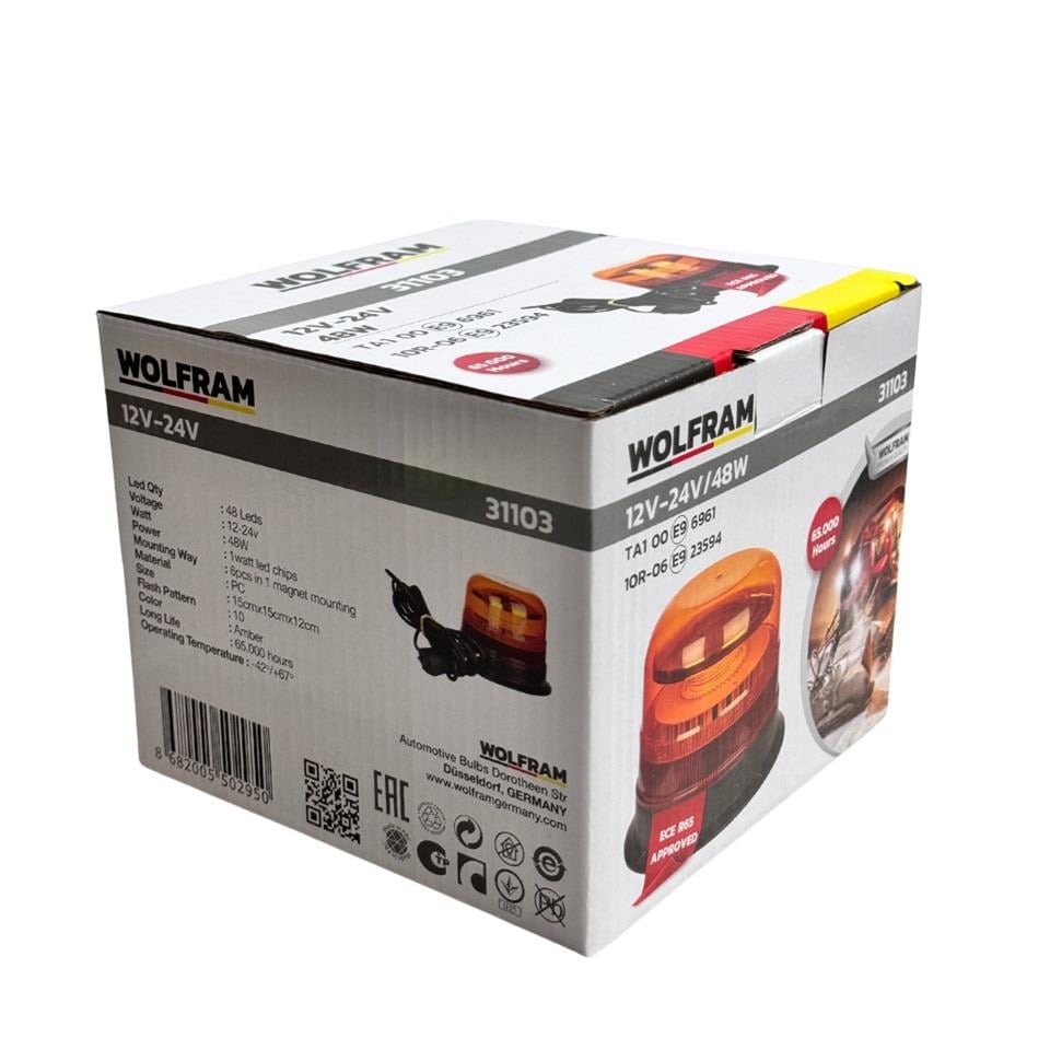 WOLFRAM 12V-24V ÇAKAR TEPE LAMBA 48 LEDLİ 10 FONKSİYONLU MIKNATISLI VAKUMLU ÇAKMAK FİŞLİ SARI E9