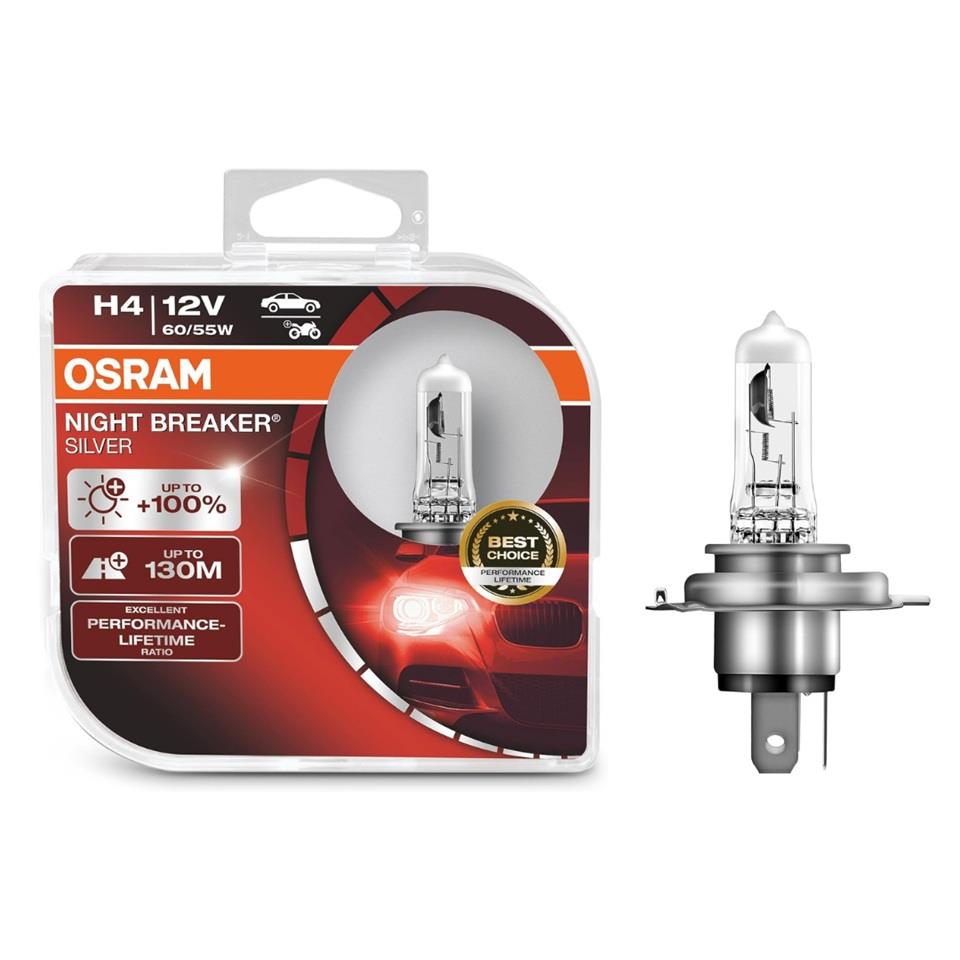 OSRAM 12V H4 AMPUL 60/55W P43T +%100 FAZLA IŞIK NIGHT BREAKER SILVER (2 AD)