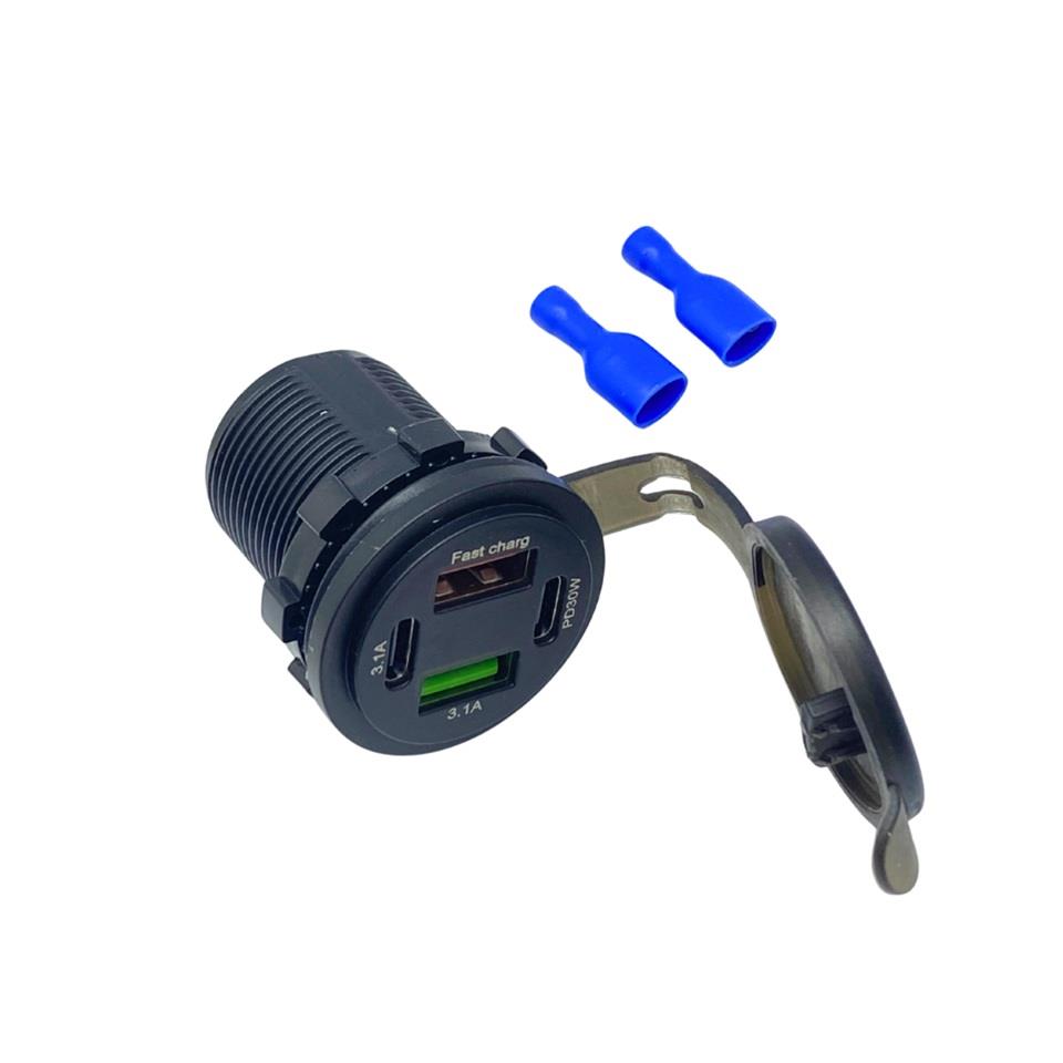 9V-30V TELEFON ŞARJ CİHAZI (USB X 2+TYPE-C X 2) (HIZLI ŞARJ-3.1A) (KAPAKLI MARİN)