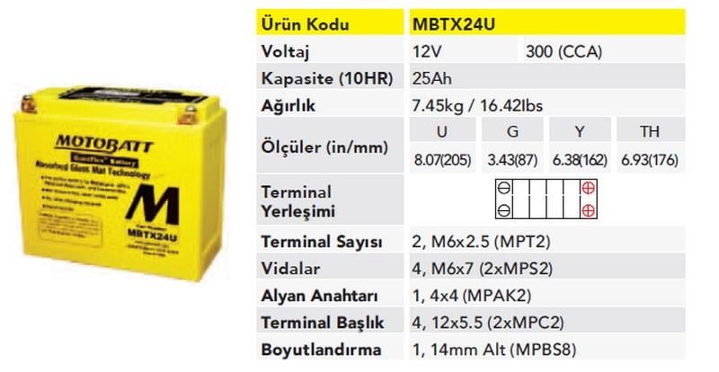 MOTOBATT 12V 20 AH/25 AH MOTOSİKLET AKÜSÜ 300 A (EN) (205*87*162) (Y50-N18L-A3)
