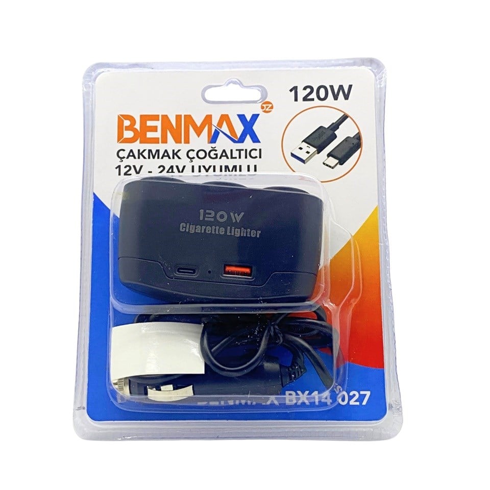 12V-24V 120W ÇAKMAK FİŞİ-SOKETİ-ÇOĞALTICI (ENERJİ SOKETİ) (ÇAKMAK 3 + USB + TYP-C ŞARJLI 2.4 A)