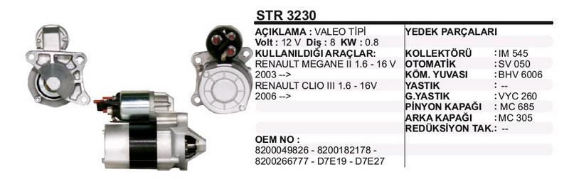 12V MARŞ MOTORU VALEO TİPİ 8 DİŞ 0.85 KW R19/R21/CLIO/MEGANE (SOL AÇIK) (D7E19)