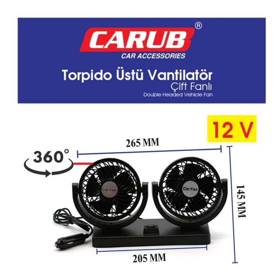 12V VANTİLATÖR 4  (ÇAKMAK FİŞLİ) (TORPİDO ÜSTÜ) (ÇİFT DEVRE) (360° AYARLANABİLİR) (265*110*145 MM)