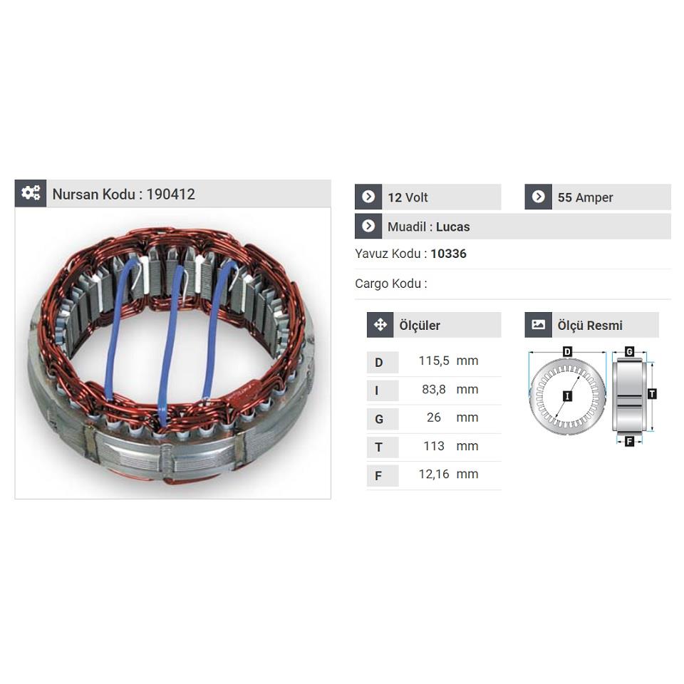 12V ALTERNATÖR STATÖR LUCAS TİPİ 55 A (3 UÇLU) MESA A-117