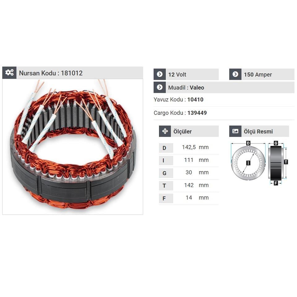 12V ALTERNATÖR STATÖR VALEO TİPİ 150 A (6 UÇLU)